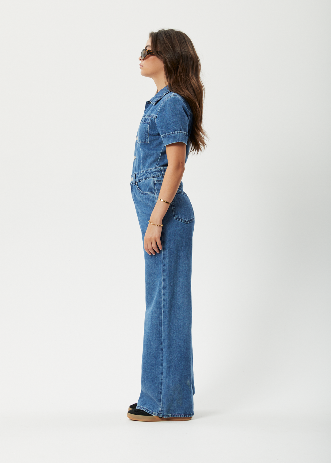 AFENDS Womens Miami - Denim Flared Jumpsuit - Authentic Blue 