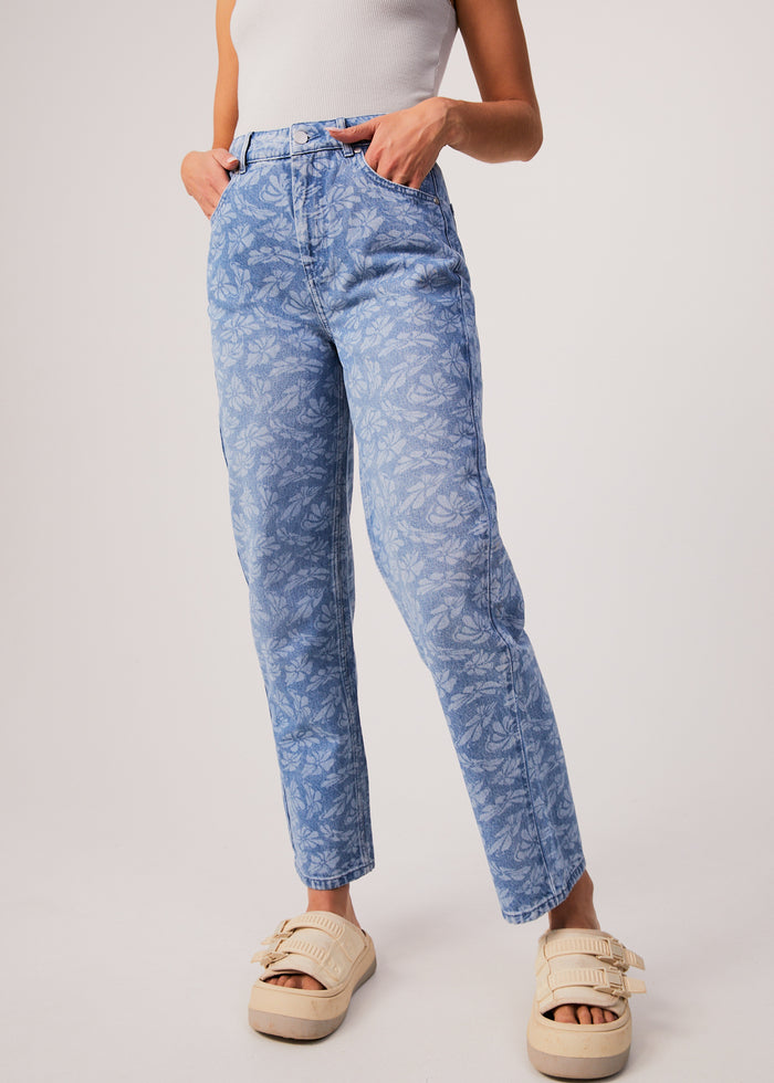 AFENDS Womens Shelby Long - Denim Floral Wide Leg Jeans - Floral Blue 