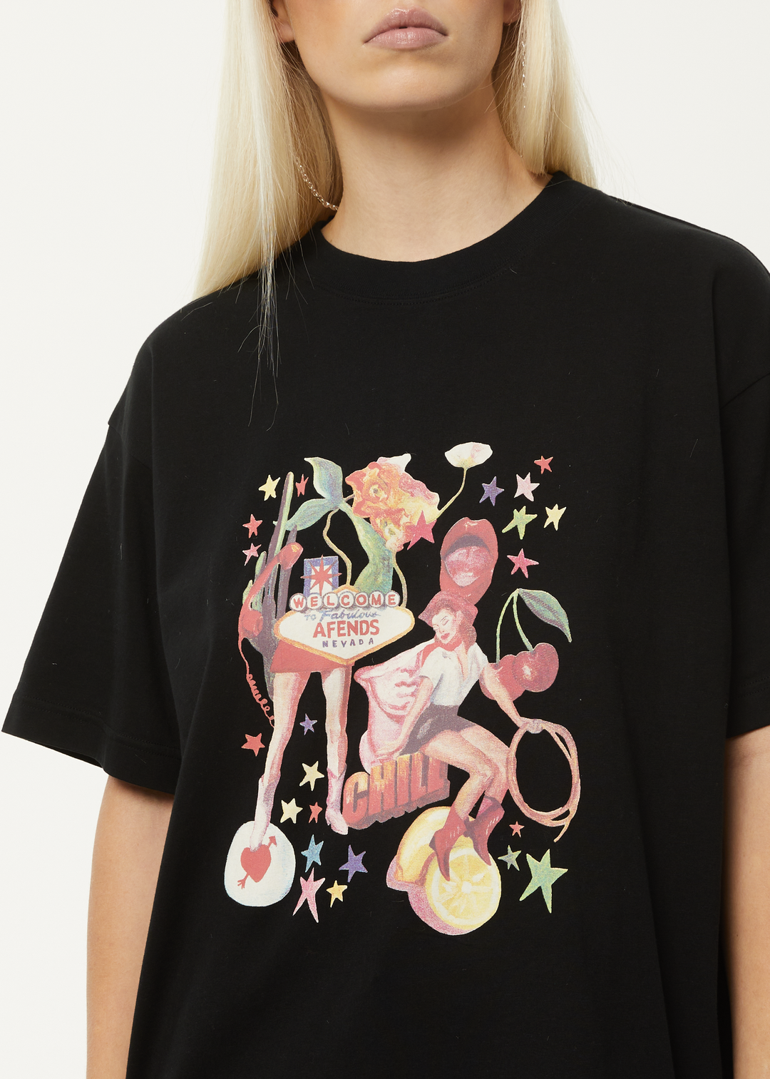 AFENDS Womens Josie Slay - Oversized Graphic T-Shirt - Black 