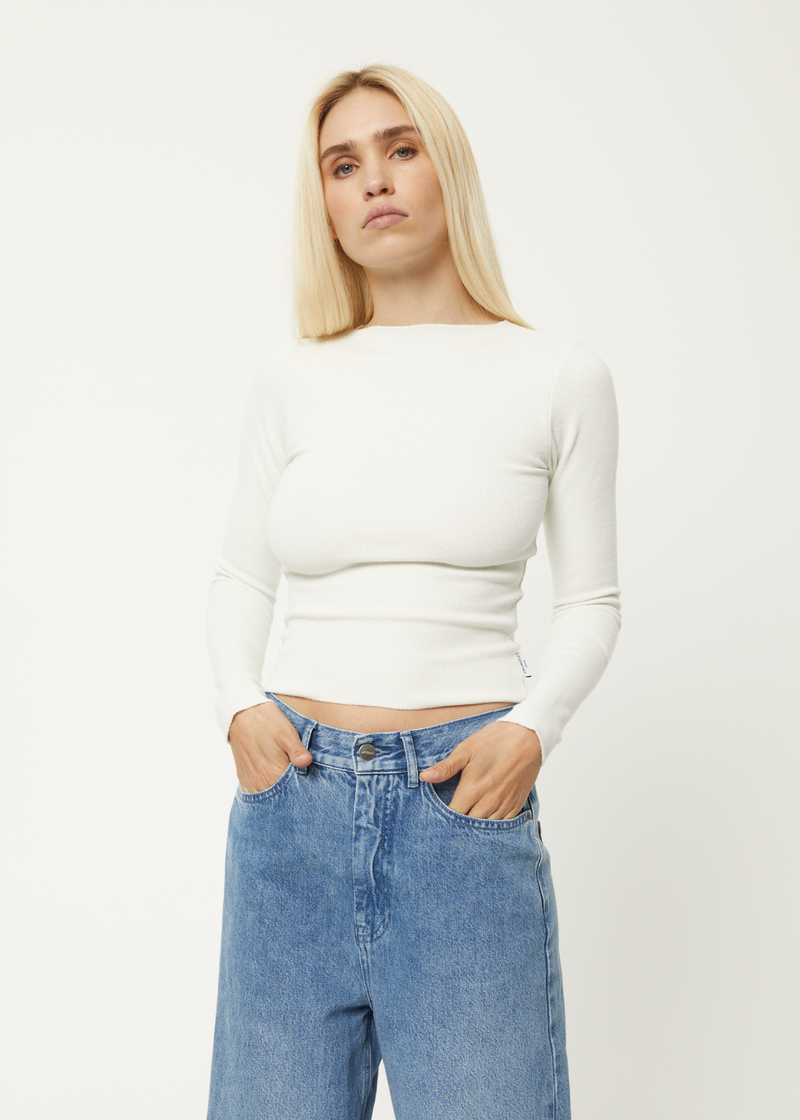 Afends Womens Peony - Hemp Ribbed Long Sleeve Top - Off White