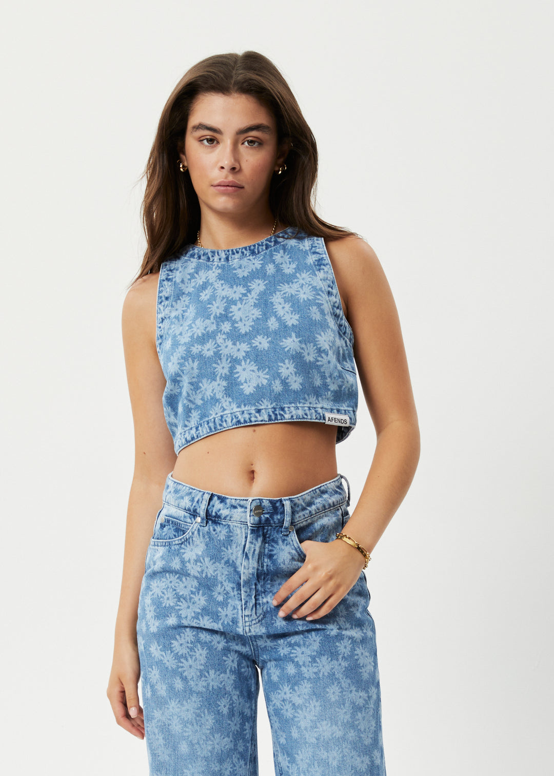 AFENDS Womens Fink - Denim Cropped Top - Worn Blue Daisy 