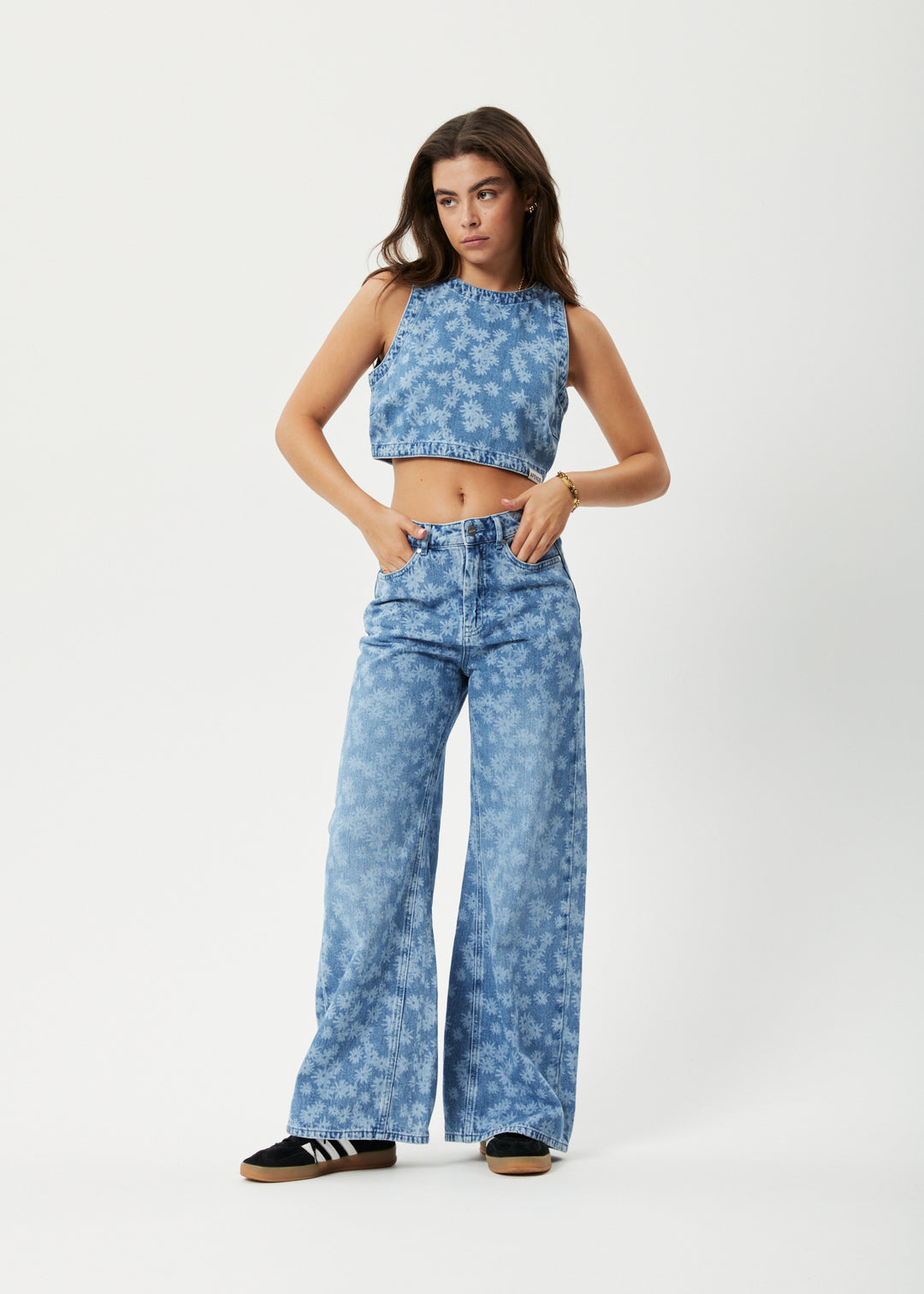 AFENDS Womens Fink - Denim Cropped Top - Worn Blue Daisy 