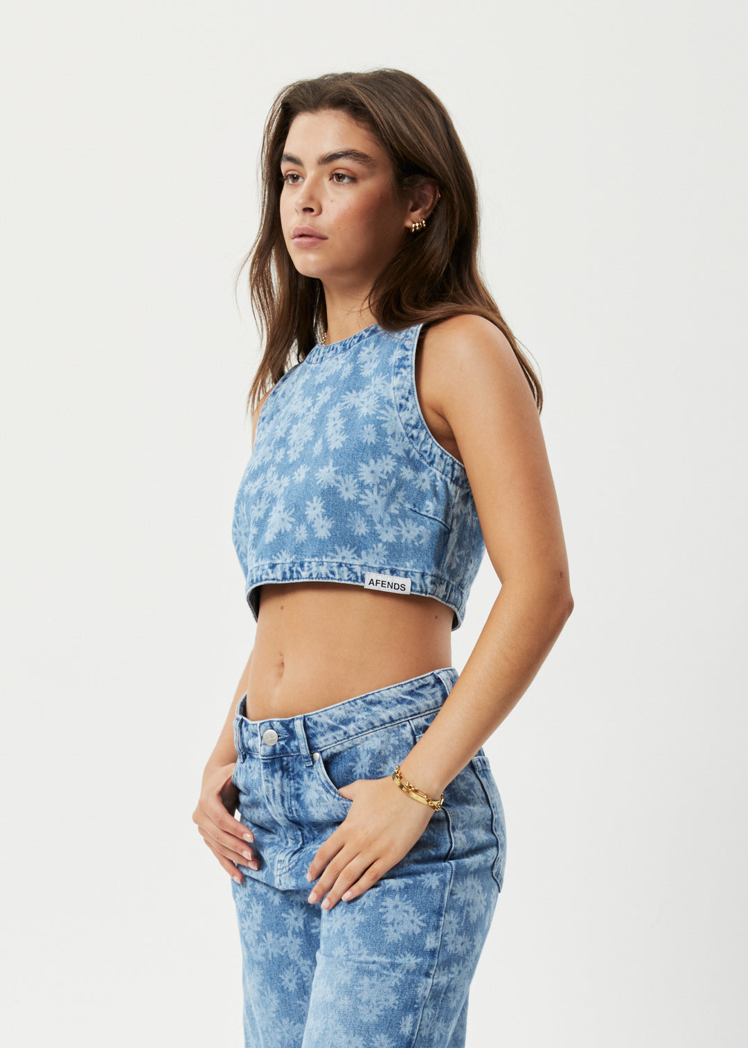 AFENDS Womens Fink - Denim Cropped Top - Worn Blue Daisy 