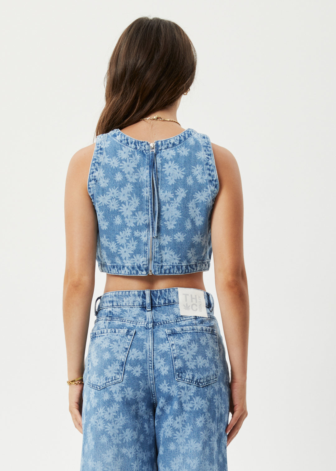 AFENDS Womens Fink - Denim Cropped Top - Worn Blue Daisy 