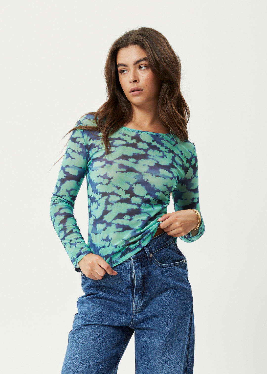 AFENDS Womens Liquid - Sheer Long Sleeve Top - Jade Floral 