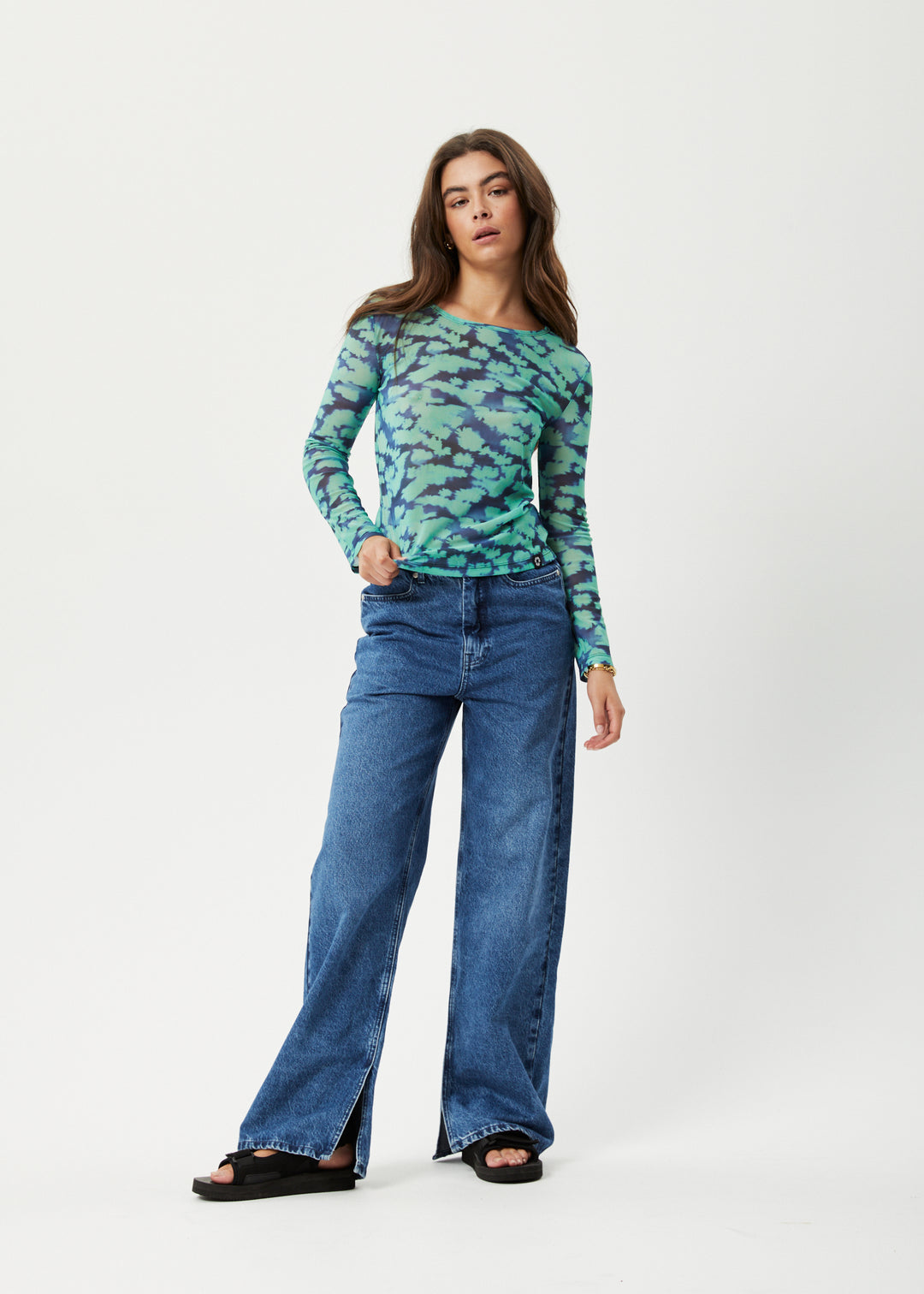 AFENDS Womens Liquid - Sheer Long Sleeve Top - Jade Floral 