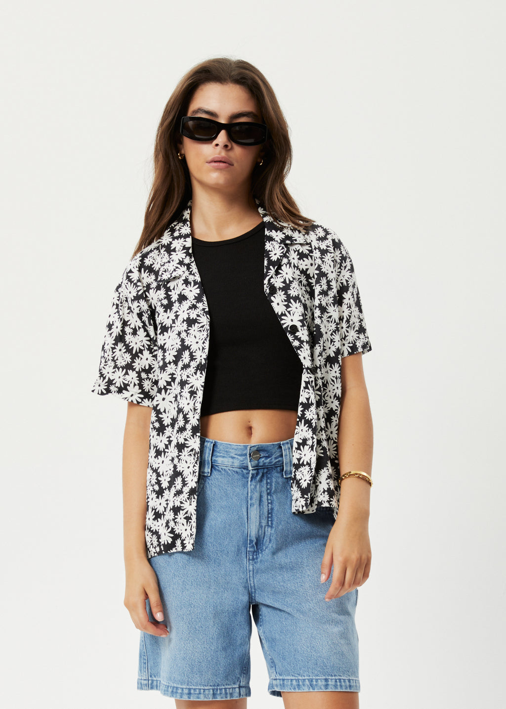 AFENDS Womens Benny - Short Sleeve Shirt - Black Daisy 