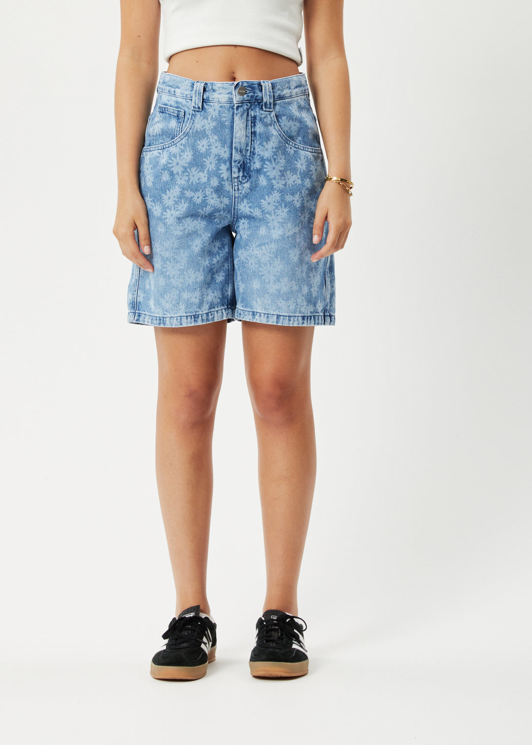 AFENDS Womens Fink Emilie - Denim Carpenter Shorts - Worn Blue Daisy 