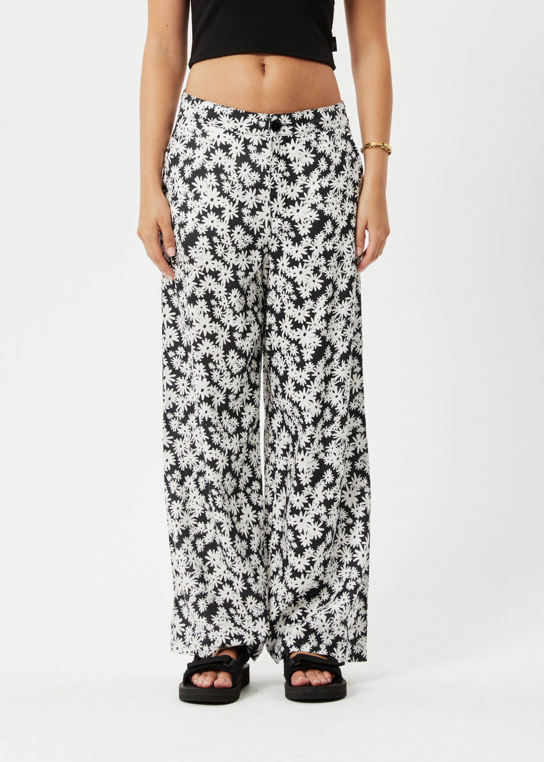 AFENDS Womens Benny Sienna - Wide Leg Pants - Black Daisy 