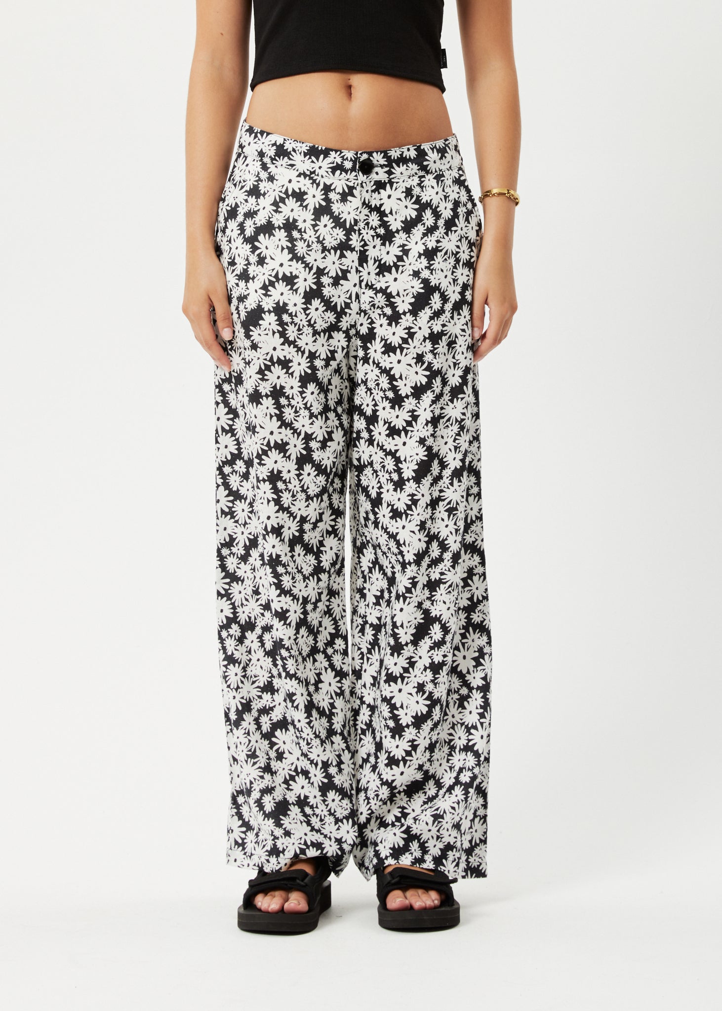 AFENDS Womens Benny Sienna - Wide Leg Pant - Black Daisy