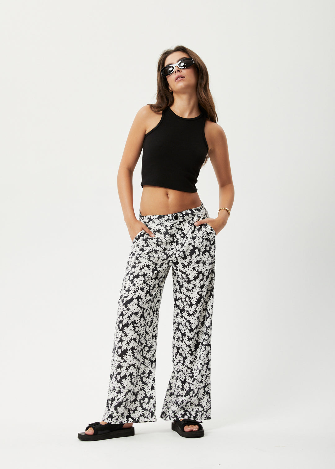 AFENDS Womens Benny Sienna - Wide Leg Pants - Black Daisy 