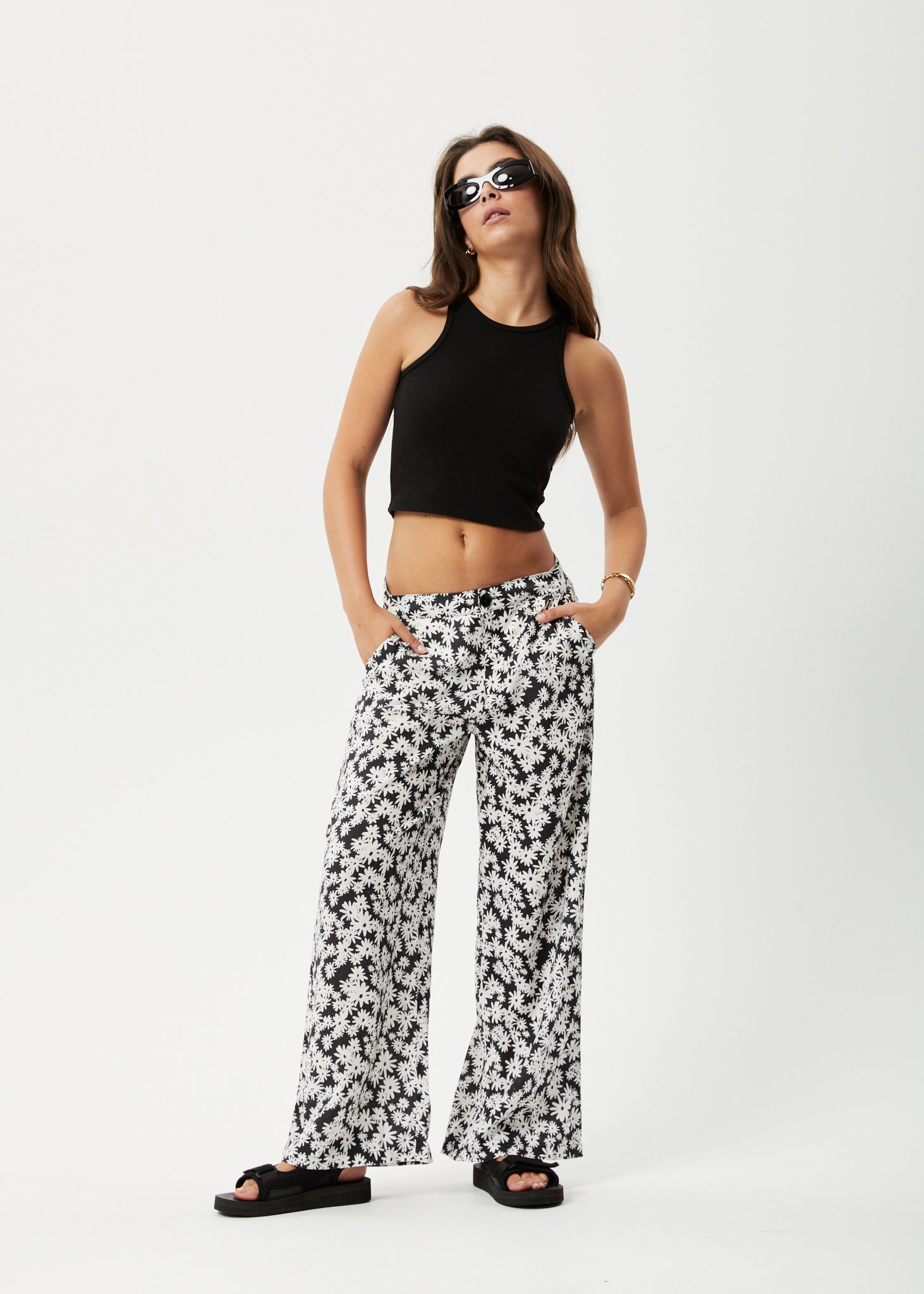 AFENDS Womens Benny Sienna - Wide Leg Pant - Black Daisy