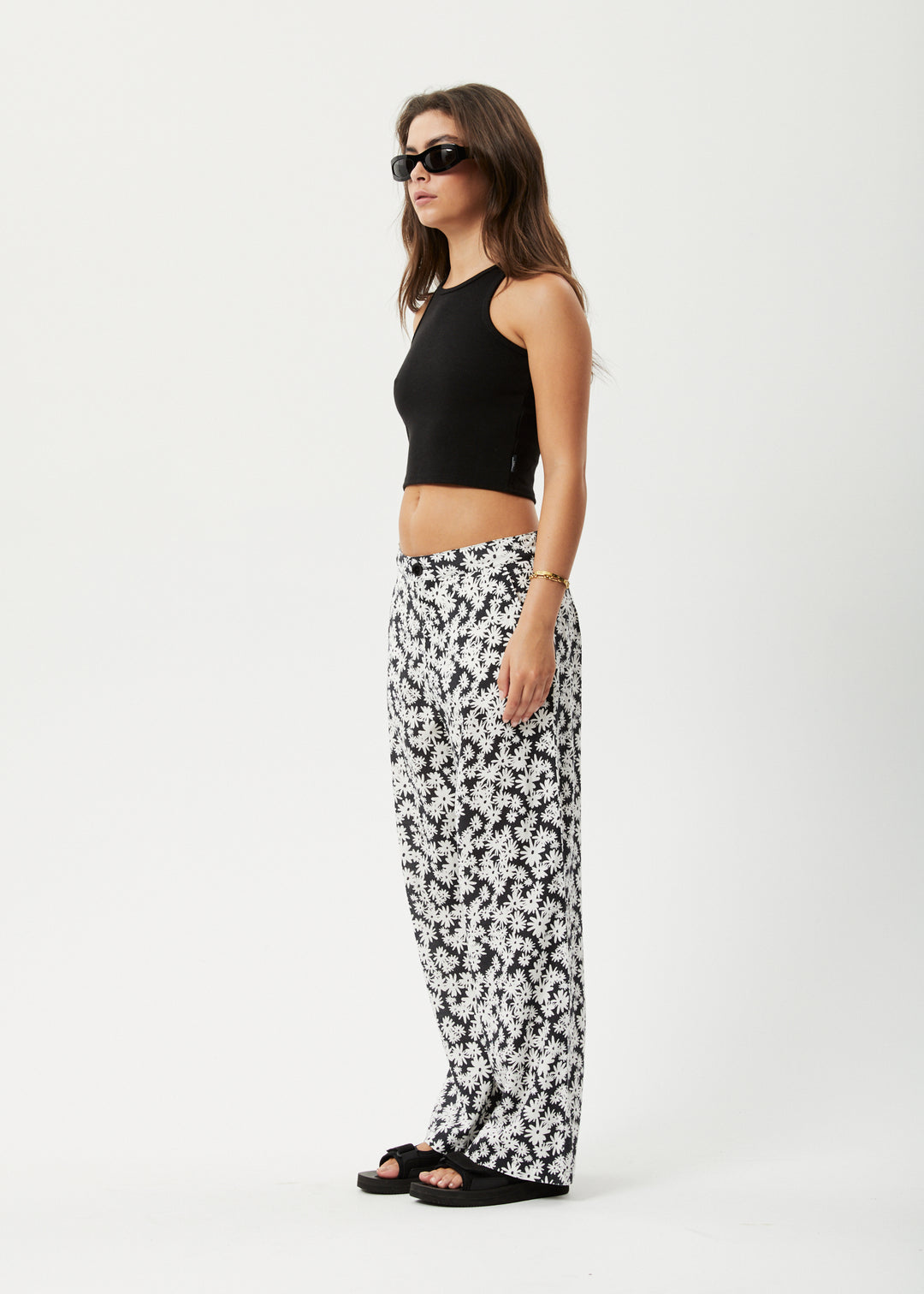 AFENDS Womens Benny Sienna - Wide Leg Pants - Black Daisy 