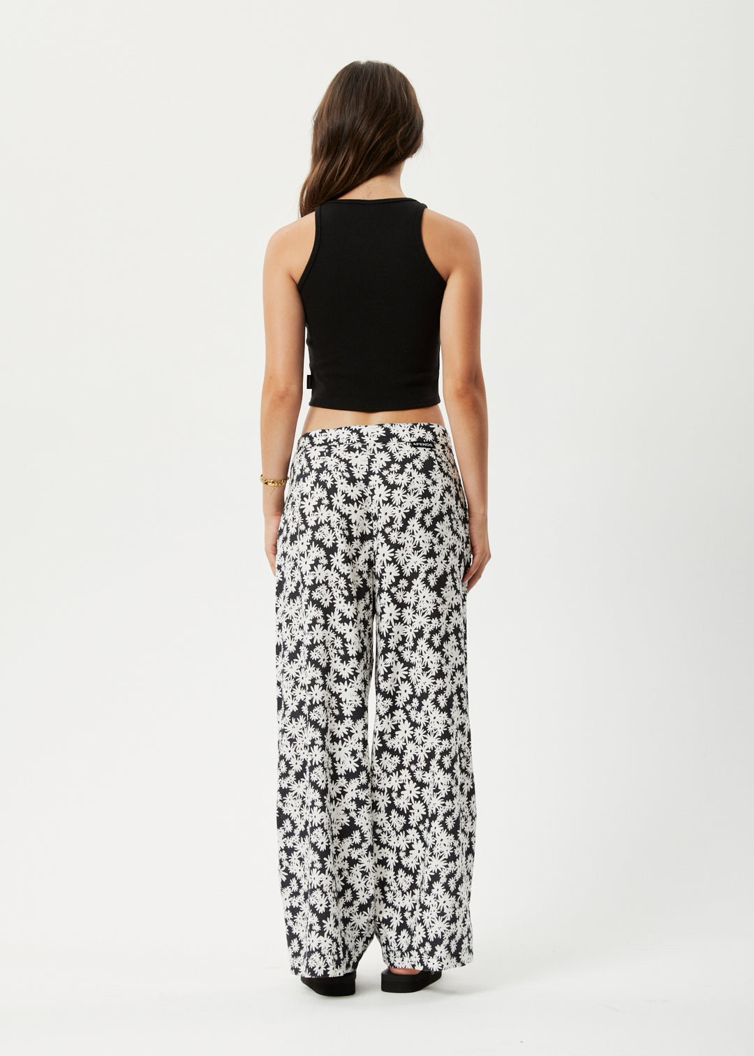 AFENDS Womens Benny Sienna - Wide Leg Pants - Black Daisy 