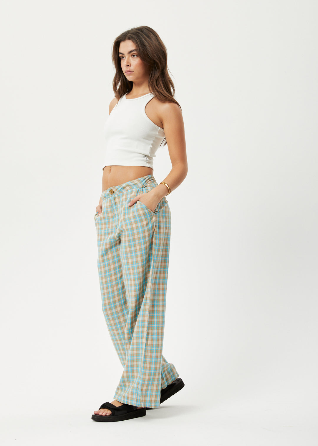 AFENDS Womens Millie Sienna - Wide Leg Pants - Tan Check 