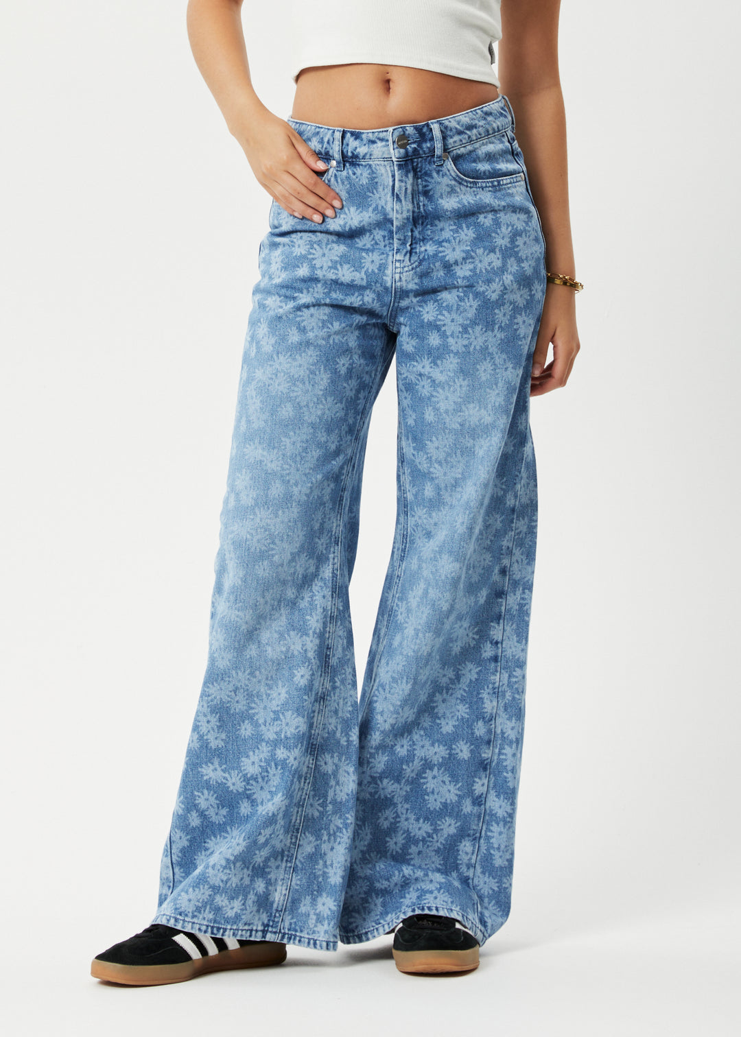 AFENDS Womens Fink Gigi - Denim Flared Jeans - Worn Blue Daisy 