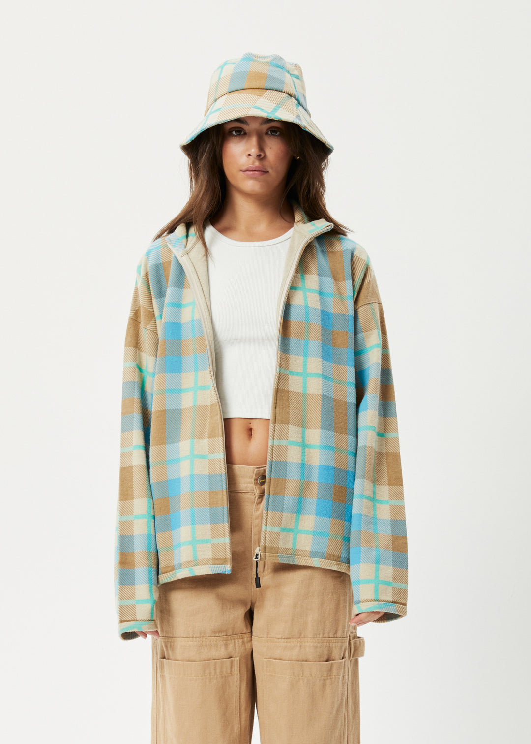 AFENDS Womens Millie - Reverse Fleece Jacket - Tan Check 