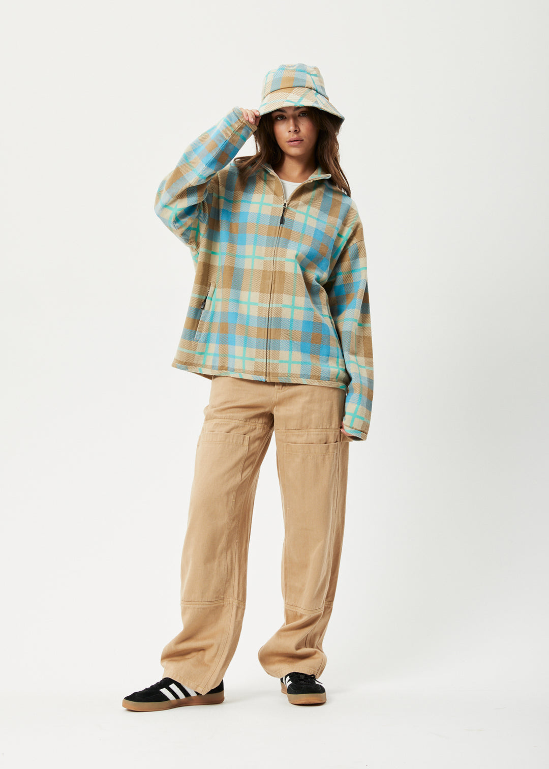 AFENDS Womens Millie - Reverse Fleece Jacket - Tan Check 