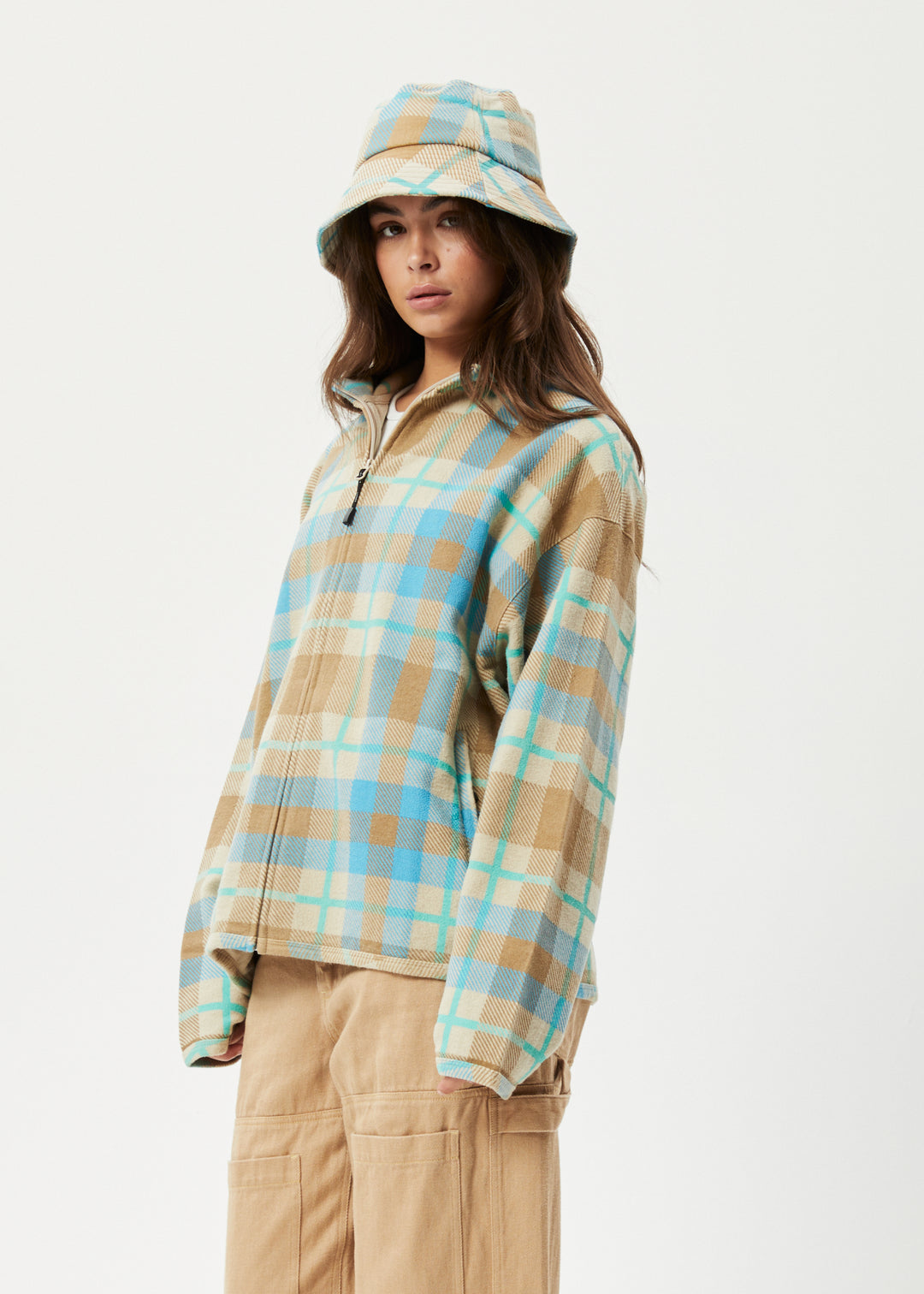 AFENDS Womens Millie - Reverse Fleece Jacket - Tan Check 