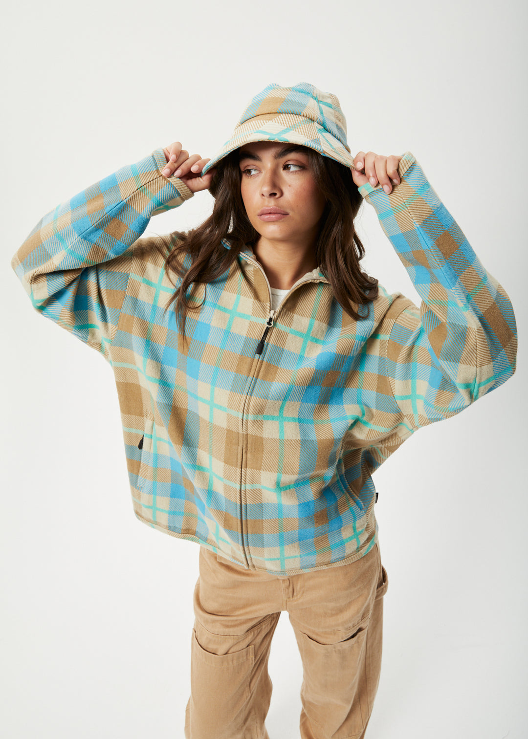 AFENDS Womens Millie - Reverse Fleece Jacket - Tan Check 