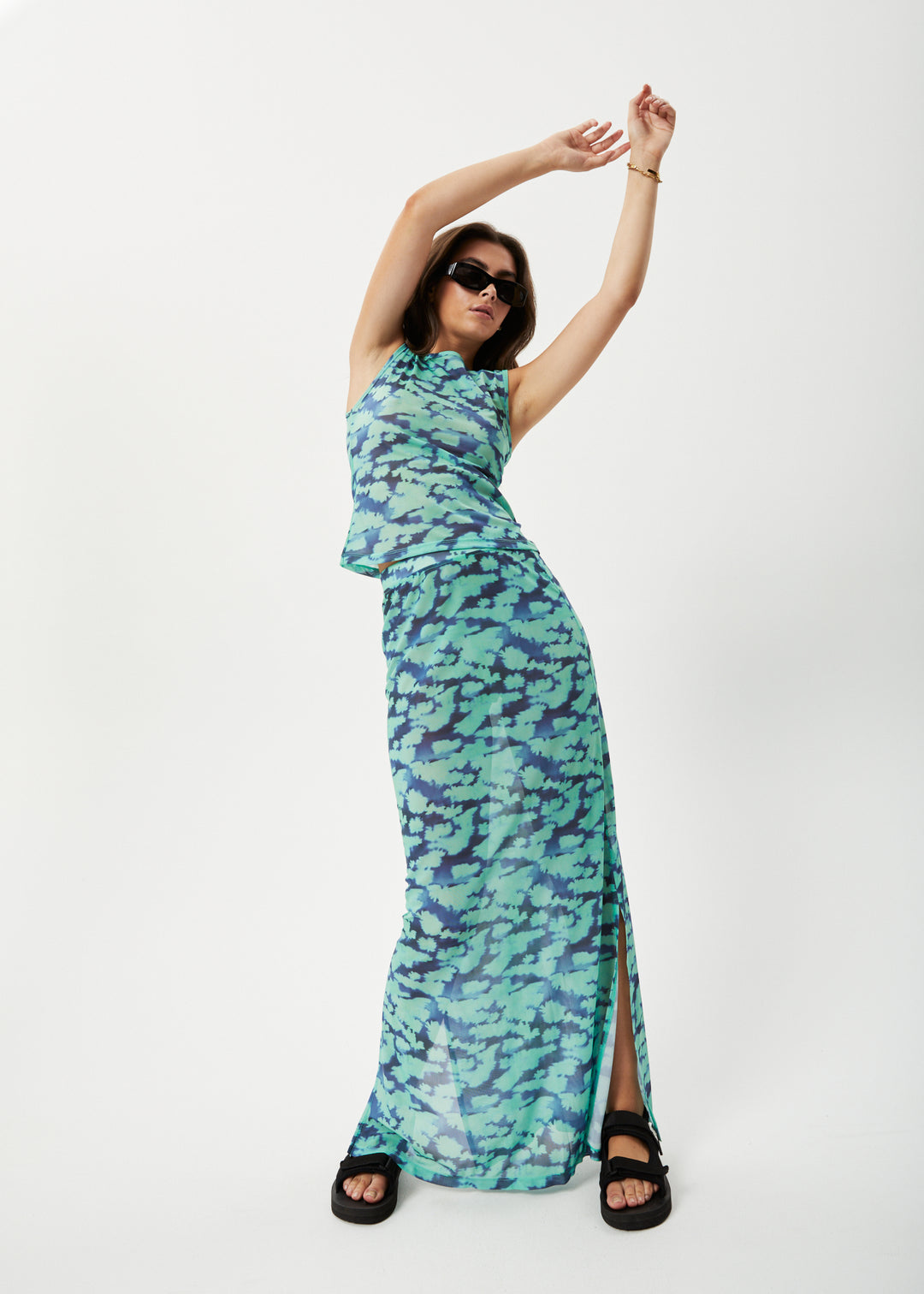 AFENDS Womens Liquid - Sheer Maxi Skirt - Jade Floral 