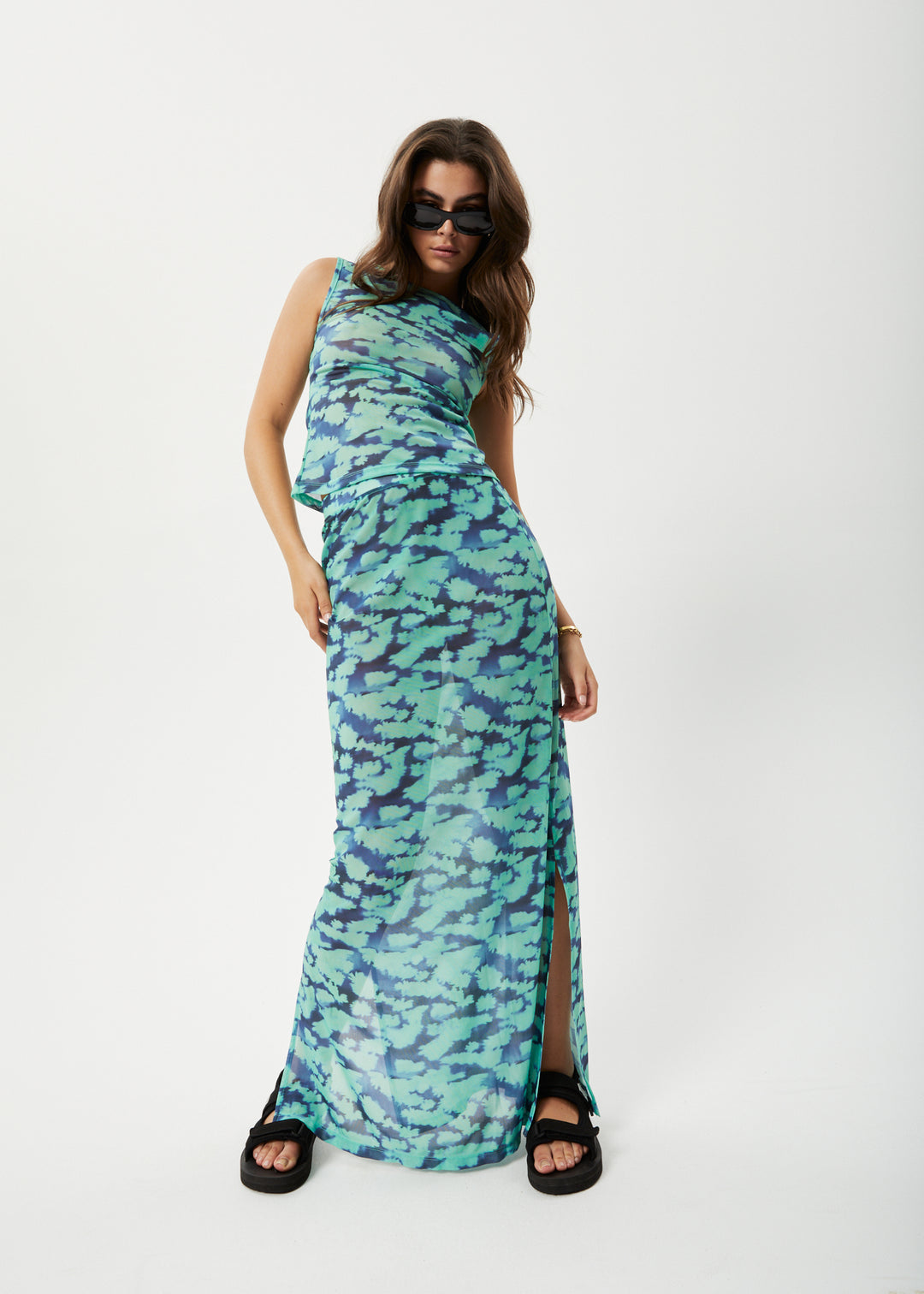 AFENDS Womens Liquid - Sheer Maxi Skirt - Jade Floral 