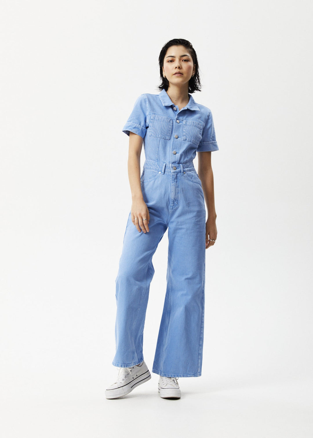 AFENDS Womens Polar Miami - Denim Flared Jumpsuit - Faded Arctic 