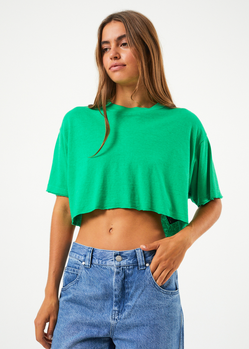 Afends Womens Slay Cropped - Hemp Oversized T-Shirt - Forest